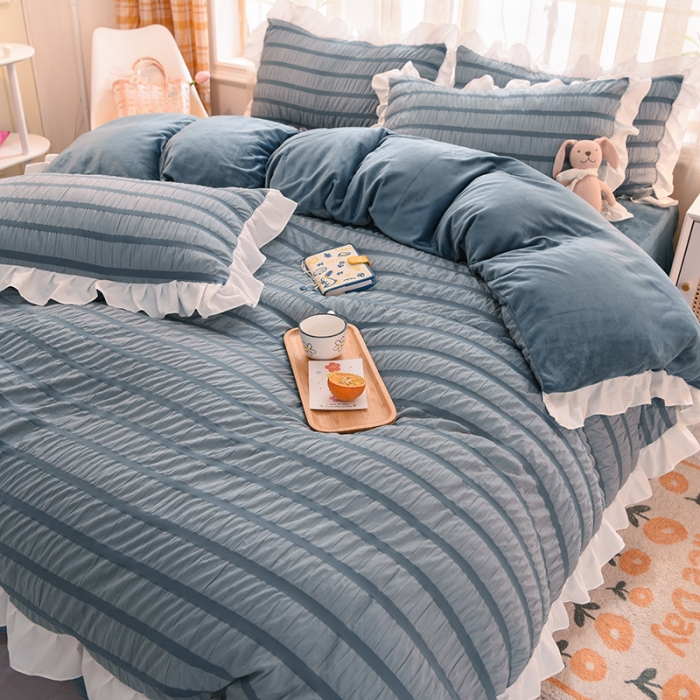 91家纺网 家纺一手货源 找家纺 梦之岛2021新款甜心公主泡泡纱配水晶绒四件套高贵蓝