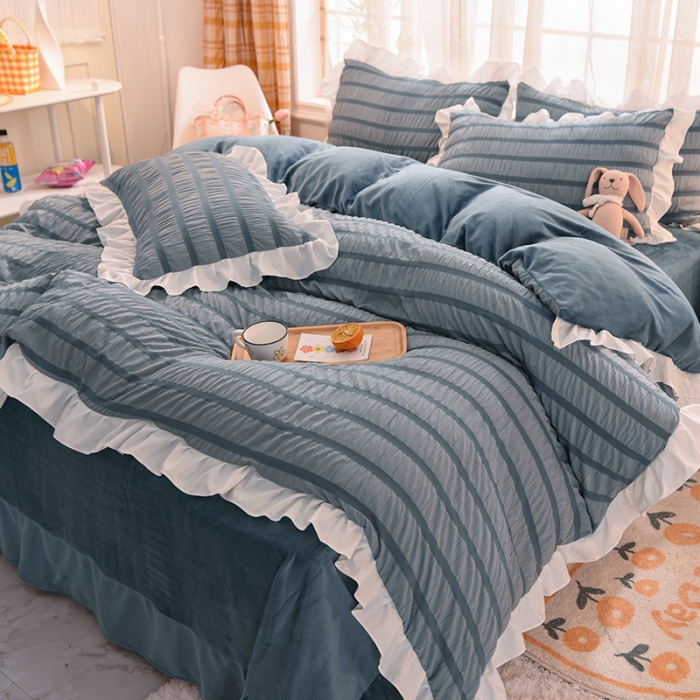 91家纺网 家纺一手货源 找家纺 梦之岛2021新款甜心公主泡泡纱配水晶绒四件套高贵蓝