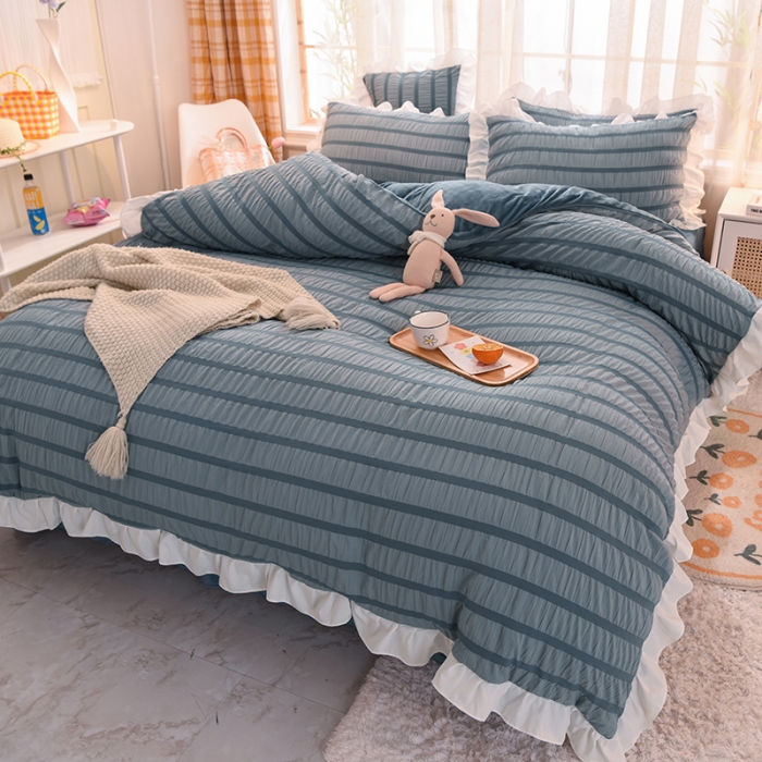 91家纺网 家纺一手货源 找家纺 梦之岛2021新款甜心公主泡泡纱配水晶绒四件套高贵蓝