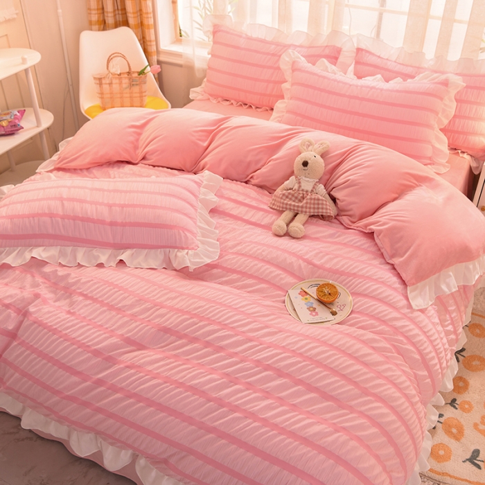 91家纺网 家纺一手货源 找家纺 梦之岛2021新款甜心公主泡泡纱配水晶绒四件套公主粉