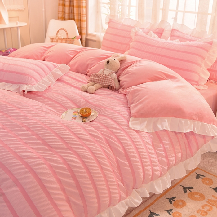 91家纺网 家纺一手货源 找家纺 梦之岛2021新款甜心公主泡泡纱配水晶绒四件套公主粉