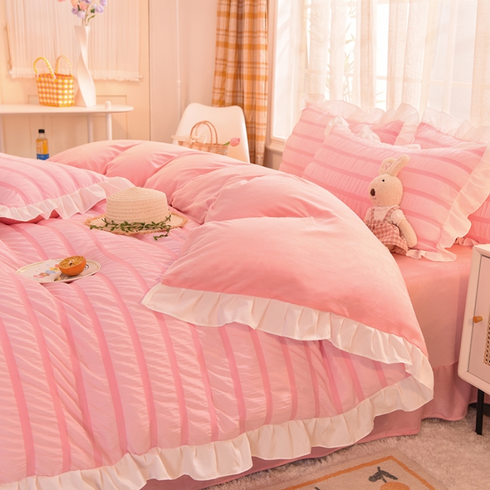 91家纺网 家纺一手货源 找家纺 梦之岛2021新款甜心公主泡泡纱配水晶绒四件套公主粉