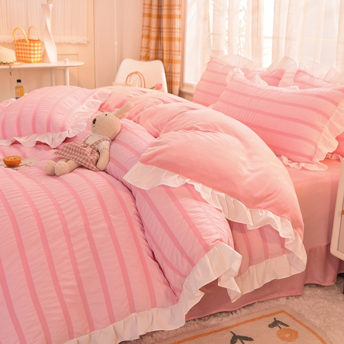 91家纺网 家纺一手货源 找家纺 梦之岛2021新款甜心公主泡泡纱配水晶绒四件套公主粉