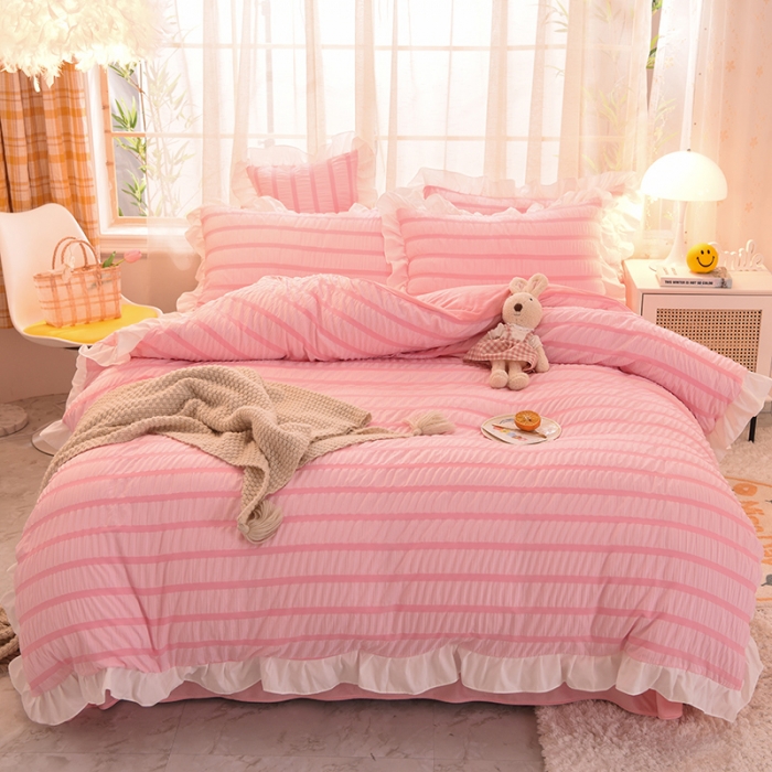 91家纺网 家纺一手货源 找家纺 梦之岛2021新款甜心公主泡泡纱配水晶绒四件套公主粉