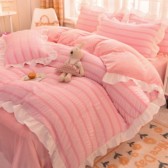 91家纺网 家纺一手货源 找家纺 梦之岛2021新款甜心公主泡泡纱配水晶绒四件套公主粉