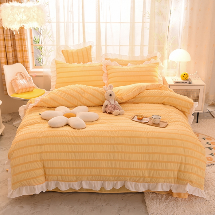 91家纺网 家纺一手货源 找家纺 梦之岛2021新款甜心公主泡泡纱配水晶绒四件套靓丽黄