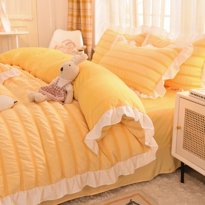 91家纺网 家纺一手货源 找家纺 梦之岛2021新款甜心公主泡泡纱配水晶绒四件套靓丽黄