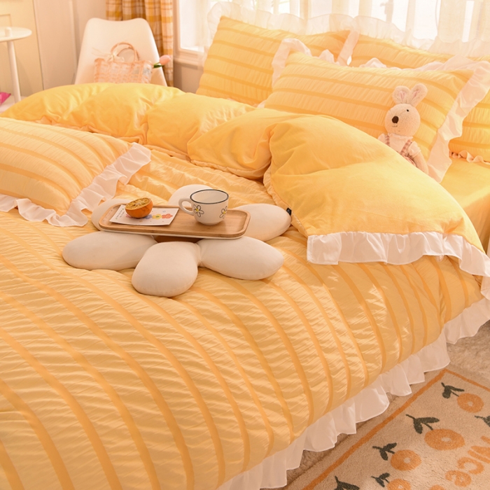 91家纺网 家纺一手货源 找家纺 梦之岛2021新款甜心公主泡泡纱配水晶绒四件套靓丽黄