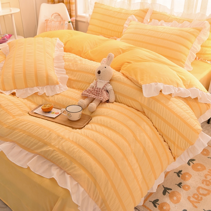 91家纺网 家纺一手货源 找家纺 梦之岛2021新款甜心公主泡泡纱配水晶绒四件套靓丽黄