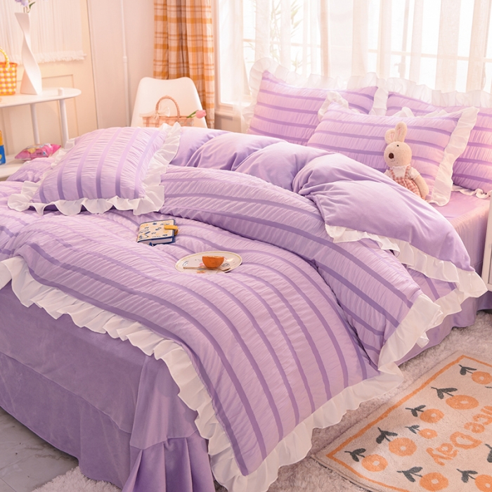 91家纺网 家纺一手货源 找家纺 梦之岛2021新款甜心公主泡泡纱配水晶绒四件套浪漫紫