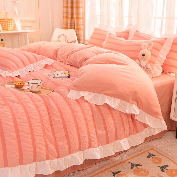 91家纺网 家纺一手货源 找家纺 梦之岛2021新款甜心公主泡泡纱配水晶绒四件套浅粉玉