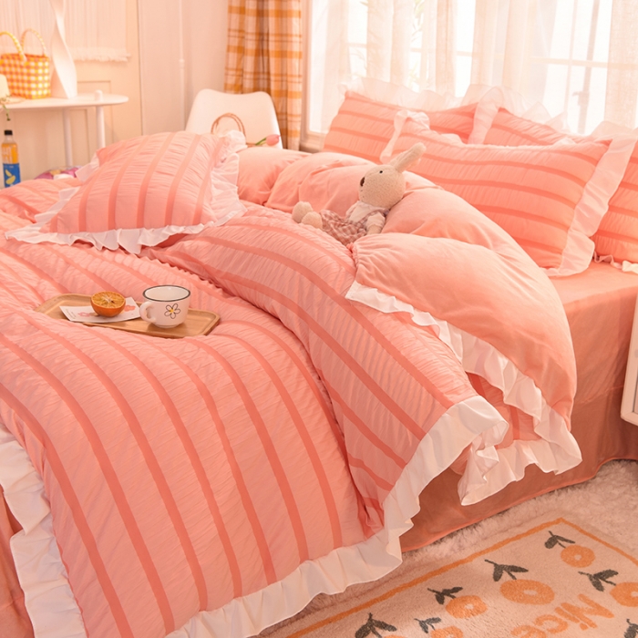 91家纺网 家纺一手货源 找家纺 梦之岛2021新款甜心公主泡泡纱配水晶绒四件套浅粉玉