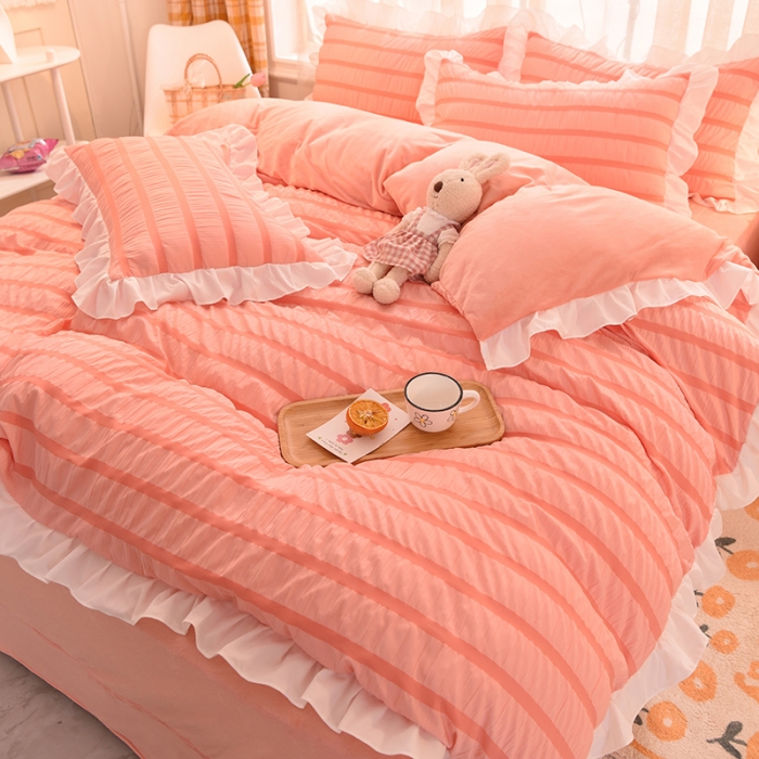 91家纺网 家纺一手货源 找家纺 梦之岛2021新款甜心公主泡泡纱配水晶绒四件套浅粉玉