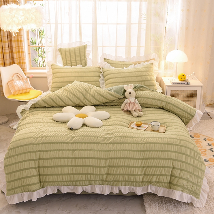 91家纺网 家纺一手货源 找家纺 梦之岛2021新款甜心公主泡泡纱配水晶绒四件套清新绿