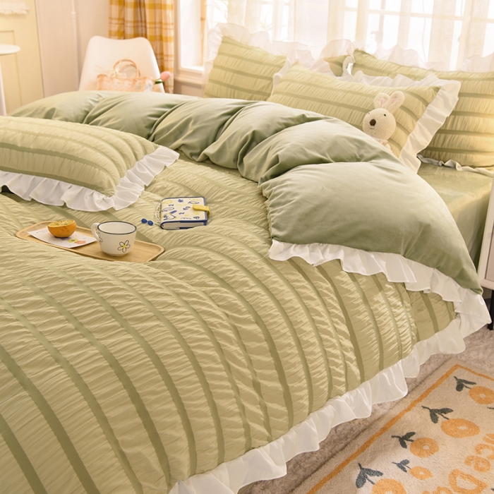 91家纺网 家纺一手货源 找家纺 梦之岛2021新款甜心公主泡泡纱配水晶绒四件套清新绿