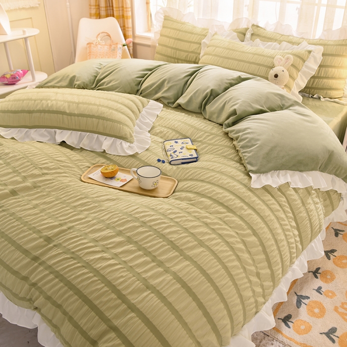 91家纺网 家纺一手货源 找家纺 梦之岛2021新款甜心公主泡泡纱配水晶绒四件套清新绿