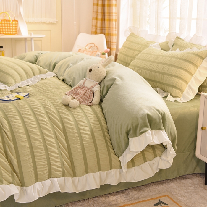 91家纺网 家纺一手货源 找家纺 梦之岛2021新款甜心公主泡泡纱配水晶绒四件套清新绿