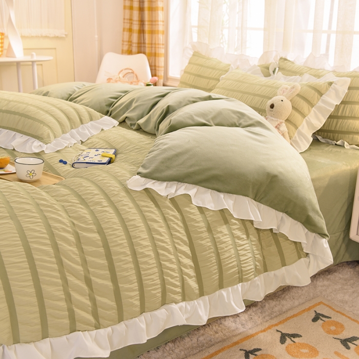 91家纺网 家纺一手货源 找家纺 梦之岛2021新款甜心公主泡泡纱配水晶绒四件套清新绿