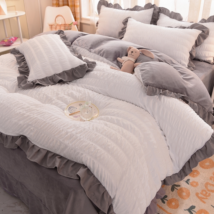 91家纺网 家纺一手货源 找家纺 梦之岛2021新款甜心公主泡泡纱配水晶绒四件套优雅白