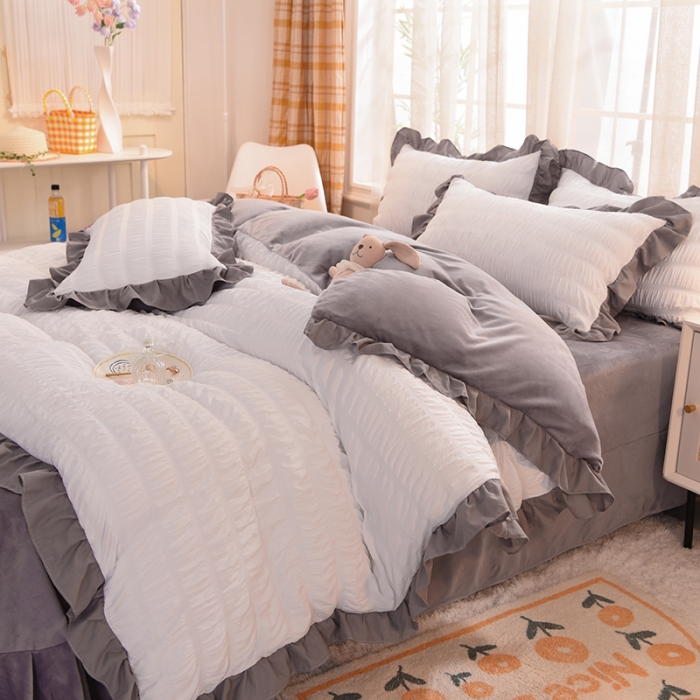 91家纺网 家纺一手货源 找家纺 梦之岛2021新款甜心公主泡泡纱配水晶绒四件套优雅白