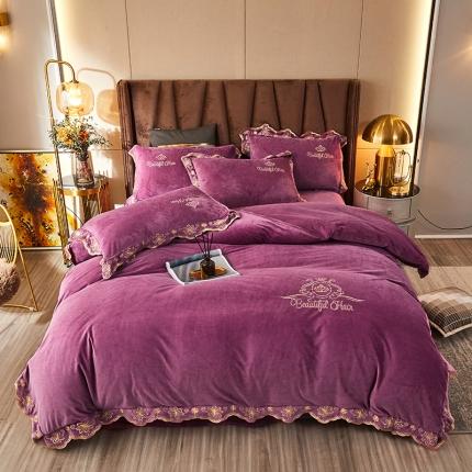 91家纺网 家纺一手货源 找家纺 铠畅爱丽丝水晶绒刺绣四件套宝宝牛奶绒加厚量大从优 爱丽丝豆沙