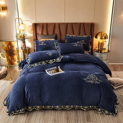 91家纺网 家纺一手货源 找家纺 铠畅爱丽丝水晶绒刺绣四件套宝宝牛奶绒加厚量大从优 爱丽丝藏蓝