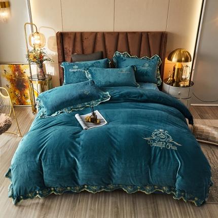 91家纺网 家纺一手货源 找家纺 铠畅爱丽丝水晶绒刺绣四件套宝宝牛奶绒加厚量大从优爱丽丝宝石蓝