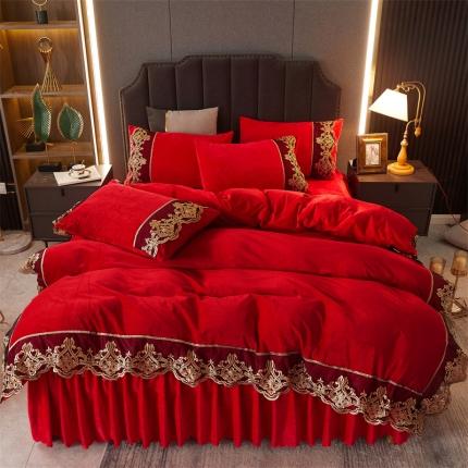 91家纺网 家纺一手货源 找家纺 铠畅黛丝水晶绒床裙四件套宝宝婴儿牛奶绒量大从优 黛丝大红