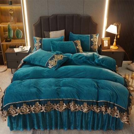 91家纺网 家纺一手货源 找家纺 铠畅黛丝水晶绒床裙四件套宝宝婴儿牛奶绒量大从优 黛丝宝石蓝