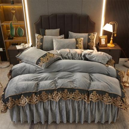 91家纺网 家纺一手货源 找家纺 铠畅黛丝水晶绒床裙四件套宝宝婴儿牛奶绒量大从优 黛丝银灰