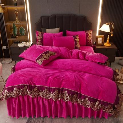 91家纺网 家纺一手货源 找家纺 铠畅黛丝水晶绒床裙四件套宝宝婴儿牛奶绒量大从优 黛丝玫红