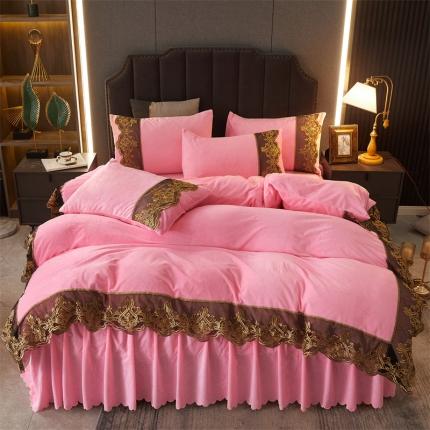 91家纺网 家纺一手货源 找家纺 铠畅黛丝水晶绒床裙四件套宝宝婴儿牛奶绒量大从优 黛丝粉色