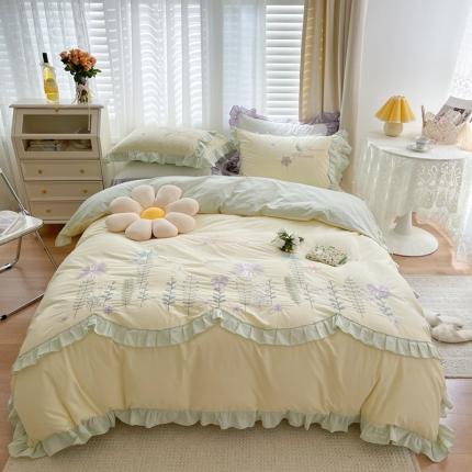 91家纺网 家纺一手货源 找家纺 柚子YOUTH 2021新款水洗棉小清新绣花四件套 郁香心事绿