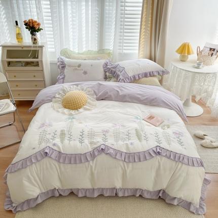 91家纺网 家纺一手货源 找家纺 （总）柚子YOUTH 2021新款水洗棉小清新绣花四件套