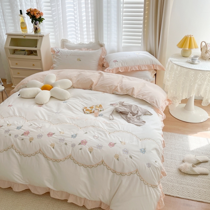 91家纺网 家纺一手货源 找家纺 （总）柚子YOUTH 2021新款水洗棉小清新绣花四件套