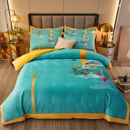 91家纺网 家纺一手货源 找家纺 涵美人家纺 2025数码印花加厚水晶法莱牛奶绒四件套锦鲤碧波