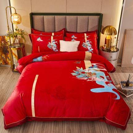 91家纺网 家纺一手货源 找家纺 涵美人家纺 数码印花加厚水晶法莱牛奶绒四件套锦鲤中国红