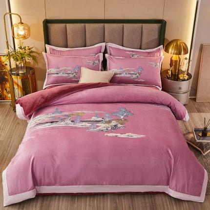 91家纺网 家纺一手货源 找家纺 涵美人家纺 2025数码印花加厚水晶法莱牛奶绒四件套 滕王序