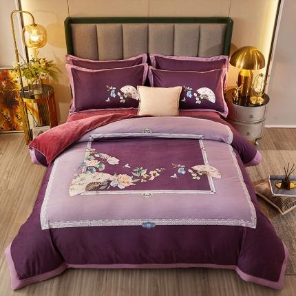 91家纺网 家纺一手货源 找家纺 涵美人家纺2025数码印花加厚水晶法莱牛奶绒四件套小轩窗紫薯