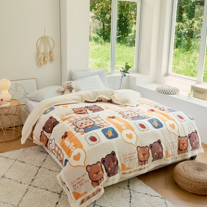 91家纺网 家纺一手货源 找家纺 仟网汇 2021新款双面牛奶绒毛毯 拼贴小熊