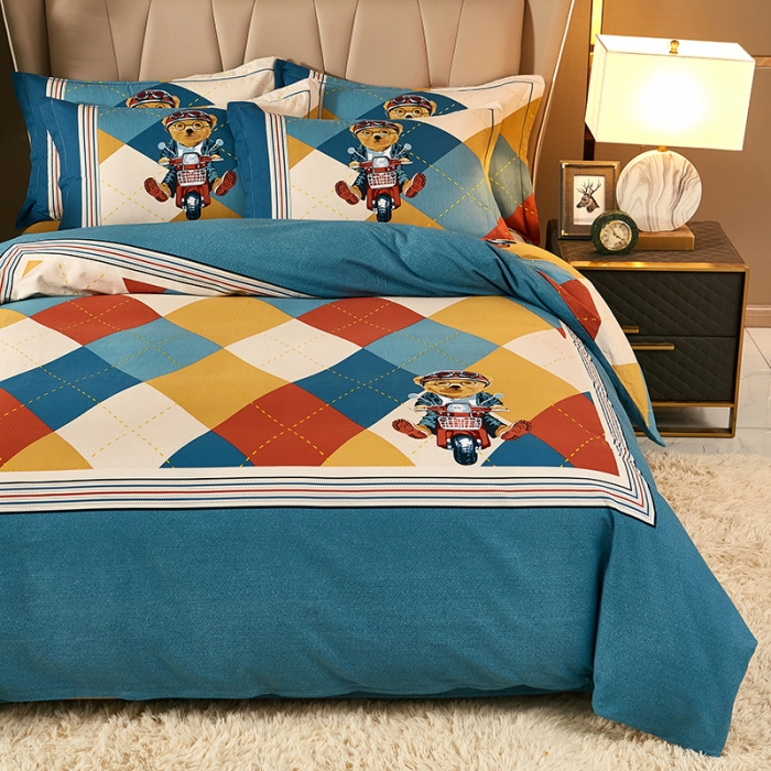 91家纺网 家纺一手货源 找家纺 雲归梦 2021新款全棉大版生态磨毛四件套第二批 哈尼熊蓝