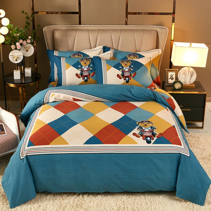 91家纺网 家纺一手货源 找家纺 雲归梦 2021新款全棉大版生态磨毛四件套第二批 哈尼熊蓝