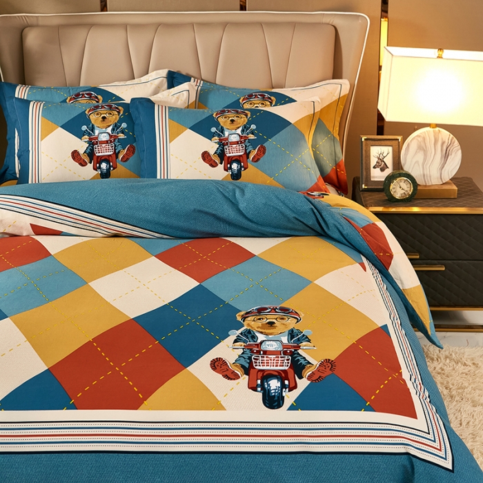 91家纺网 家纺一手货源 找家纺 雲归梦 2021新款全棉大版生态磨毛四件套第二批 哈尼熊蓝