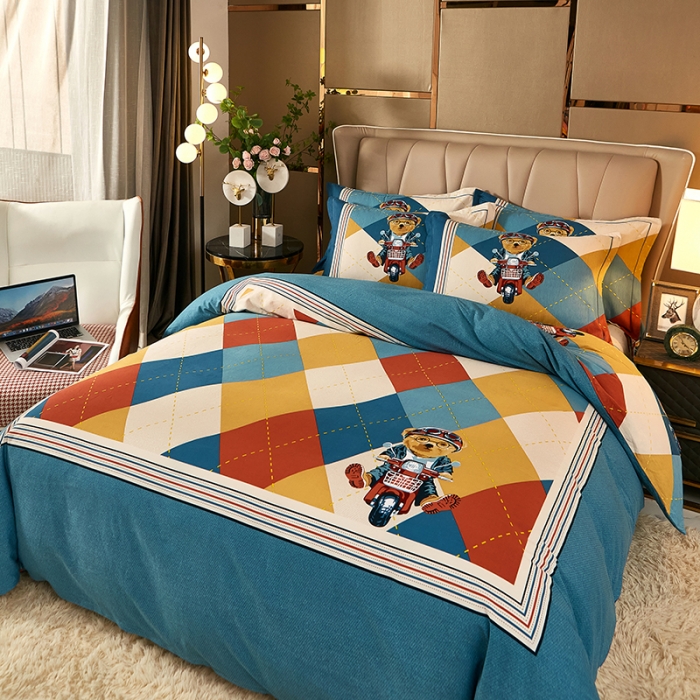 91家纺网 家纺一手货源 找家纺 雲归梦 2021新款全棉大版生态磨毛四件套第二批 哈尼熊蓝