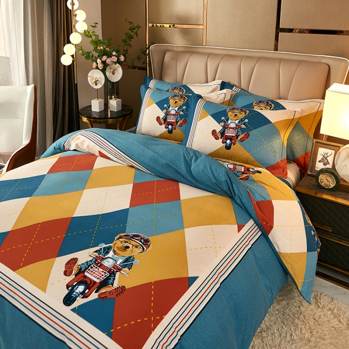 91家纺网 家纺一手货源 找家纺 雲归梦 2021新款全棉大版生态磨毛四件套第二批 哈尼熊蓝