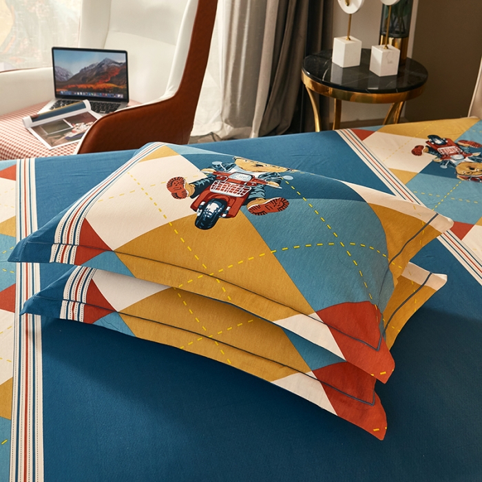 91家纺网 家纺一手货源 找家纺 雲归梦 2021新款全棉大版生态磨毛四件套第二批 哈尼熊蓝