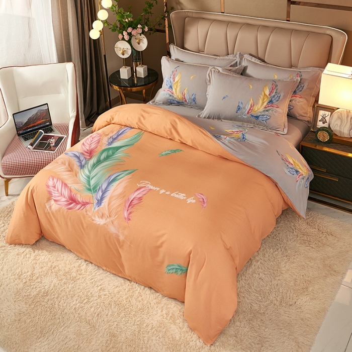 91家纺网 家纺一手货源 找家纺 雲归梦 2021新款全棉大版生态磨毛四件套第二批 炫羽桔