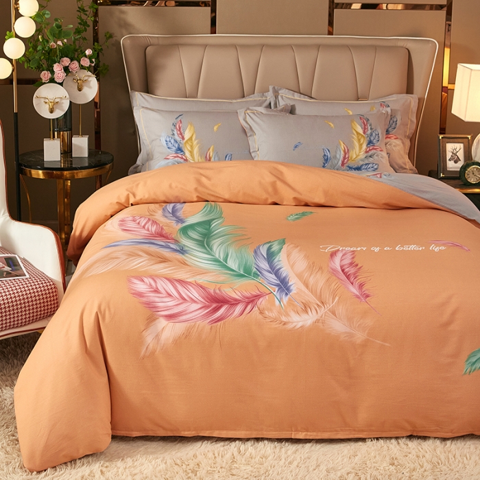 91家纺网 家纺一手货源 找家纺 雲归梦 2021新款全棉大版生态磨毛四件套第二批 炫羽桔