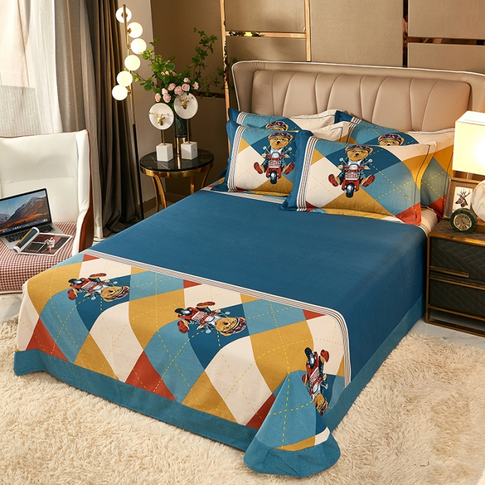 91家纺网 家纺一手货源 找家纺 雲归梦 2021新款全棉大版生态磨毛四件套第二批 哈尼熊蓝