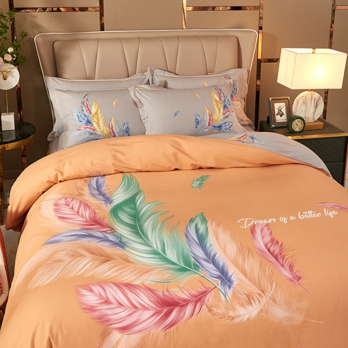 91家纺网 家纺一手货源 找家纺 雲归梦 2021新款全棉大版生态磨毛四件套第二批 炫羽桔